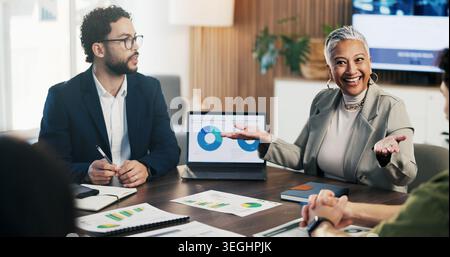 Documenti, grafici e uomini d'affari in riunione sul laptop per la revisione finanziaria, il feedback e i ricavi. Ufficio, team e lavoratori con schermo, grafico e. Foto Stock