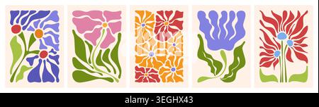 Motivo floreale astratto doodle con fiori e foglie in stile Matisse. Design vettoriale retrò per poster alla moda con piante ritagliate, stampe botaniche dallo stile vintage. Illustrazione Vettoriale