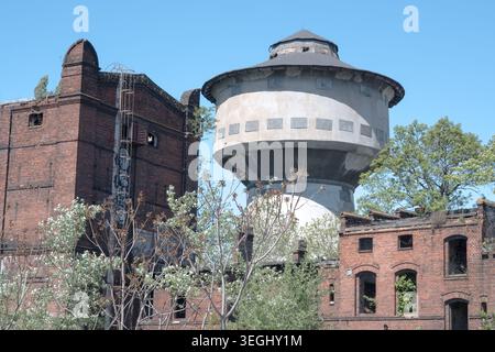 Rovine di una vecchia fabbrica di mattoni e di una torre d'acqua. Foto Stock