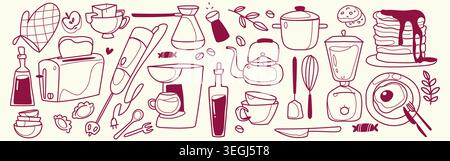 Colazione mattutina con icone a forma di scarabocchio isolate su sfondo bianco. Illustrazione vettoriale di caffè, frittelle fresche con sciroppo, tostapane e posate per brunch, elementi di design del menu del caffè, stile creativo dello schizzo Illustrazione Vettoriale