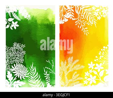 Sfondo giallo acquerello e verde con delicati fiori bianchi intorno al perimetro . Disegnato a mano. Non ai, illustrazione vettoriale. Illustrazione Vettoriale
