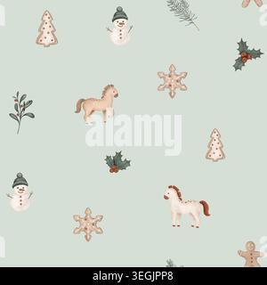 Motivo natalizio senza cuciture con il simbolo del nuovo anno 2026, cavalli, rami di pino, per albero. Ripetere l'ornamento con l'illustrazione holly e i bacche rosse e. Foto Stock
