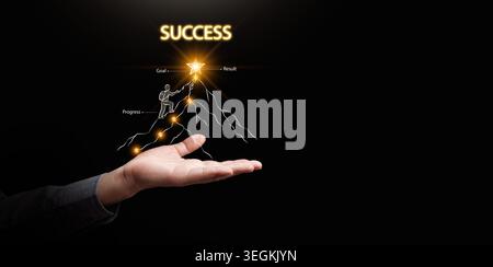 Un uomo che tiene in mano una montagna luminosa con etichette di scalatore, obiettivo, progresso e risultato. Raggiungimento, crescita professionale, leadership, motivazione, opportunità di suc Foto Stock