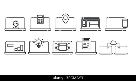 Mega set di 10 icone per computer portatili: Notebook minimalisti con linee nere con business, analisi, supporto e simboli cloud, stile dell'interfaccia utente. Illustrazione Vettoriale