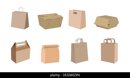 Set realistico di sacchetti di carta e scatole da asporto: Modelli di imballaggio kraft marroni dettagliati per la consegna di alimenti e la raccolta vettoriale isolata al dettaglio. Illustrazione Vettoriale