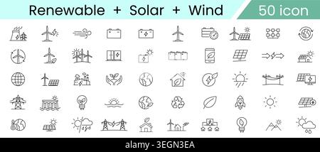 Set di icone combinate energia rinnovabile energia solare ed eolica, sostenibilità dell'energia pulita e icone vettoriali della linea Green Technology per soluzioni Eco Energy Illustrazione Vettoriale