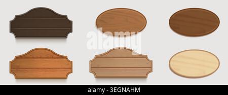 insegna in legno realistica 3d con texture vintage, set vettoriale isolato sullo sfondo. Tavola in legno rustico per la progettazione di menu di aziende agricole, saloon o ristoranti. Telaio in legno vuoto Illustrazione Vettoriale