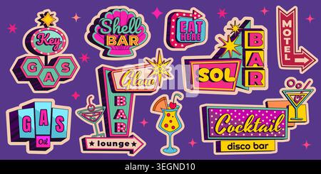 Insegne vintage al neon bar e motel con frecce retrò e luci accese. Cartoni animati vettoriali che illustrano il classico set di insegne americane a lato della strada, il vivace hotel nostalgico, il casinò, la collezione di insegne per i commensali Illustrazione Vettoriale