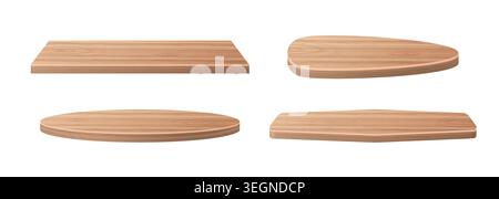 Podio in legno con trama a grana naturale, realistica illustrazione vettoriale isolata su sfondo bianco. Piattaforme di forma diversa, basi marrone chiaro per l'esposizione dei prodotti Illustrazione Vettoriale