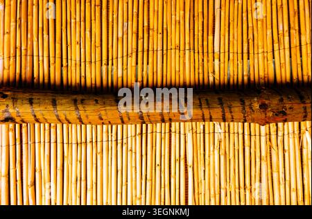 Tetti di Tinao, dettagli dei materiali. Travi in legno e canne si riempiono nel soffitto. Il tinao è una soluzione architettonica, tipica dell'arcipite moresca Foto Stock