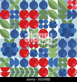 Motivo geometrico a bacca con frutti di bosco blu e rossi in uno stile piatto minimalista. Icone astratte del frutto vettoriale per sfondi senza cuciture, design del packaging o elementi decorativi moderni. Illustrazione Vettoriale