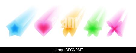 Forme aura Y2K isolate su sfondo bianco. Illustrazione vettoriale realistica di cuore al neon, fiore, stella, icone a farfalla con effetti sfumati di colore tenui, estetica da sogno, elementi di design sfocati Illustrazione Vettoriale