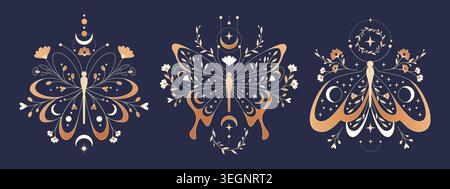 Falena celeste con fasi lunari e stelle in stile boho, illustrazione vettoriale isolata sul nero. Tatuaggio mistico a farfalla con occhi su ali, fiori e simboli esoterici per un design strepitoso di carte tarocchi Illustrazione Vettoriale