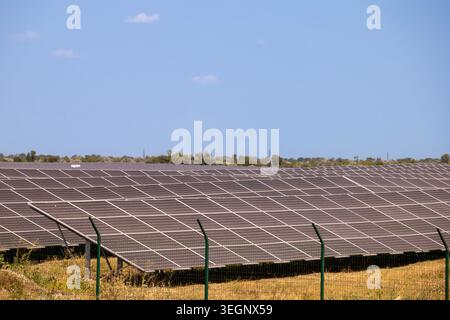 File di pannelli solari fotovoltaici sono installate in un campo esterno recintato sotto un cielo azzurro, comprendente un pla di potenza solare funzionante da due megawatt Foto Stock