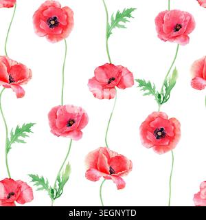 Motivo ad acquerello senza cuciture con fiori di papavero rossi su steli sottili e foglie verdi isolate su sfondo bianco. Texture floreale dipinta a mano Foto Stock
