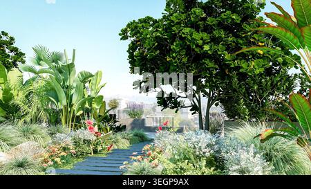 Lussuoso giardino sul tetto con piante tropicali e vialetto in pietra, rendering 3d. Foto Stock