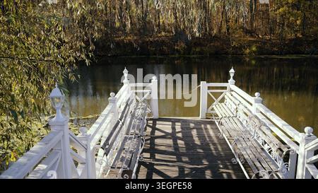 Serena vista di un molo di legno bianco con panchine su un tranquillo lago. I rami di salice piangenti pendono sull'acqua. Una foresta autunnale è visibile sulla fa Foto Stock