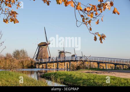 Pittoresco paesaggio autunnale caratterizzato da mulini a vento storici, tranquilli corsi d'acqua e un ponte di legno a Kinderdijk, Paesi Bassi, uno dei più belli del paese Foto Stock