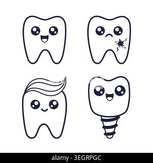 Delineare i caratteri dei denti con una cavità, dentifricio sulla parte superiore, impianto. Set di icone di denti Kawaii per la clinica dentale dei bambini. Concetto di igiene dentale. Pagina da colorare. Vettore Illustrazione Vettoriale