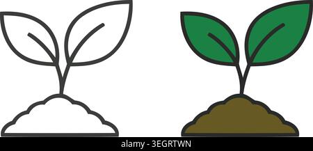 Icone vettoriali di un germoglio vegetale verde che cresce dal suolo, che rappresenta la conservazione ambientale, l'agricoltura, i nuovi inizi e la crescita organica. Illustrazione Vettoriale