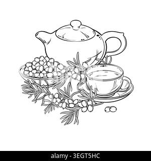 Tè di Sea Buckthorn in Teapot Outline Illustration. Illustrazione Vettoriale