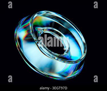 Rappresentazione 3D dello sfondo nero a dispersione cromatica in vetro iridescente Torus Floating Chromatic Dispersion Foto Stock