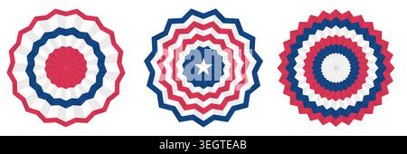 Tre rosette circolari patriottiche isolate con stelle e strisce. Decorazione simbolo nazionale americano in rosso bianco e blu per il 4 luglio Illustrazione Vettoriale