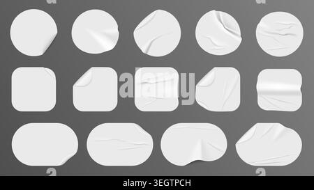 Mockup realistico di adesivi di carta rotondi e quadrati spiegazzati con angoli arricciati, raccolta di etichette adesive vuote per il branding, etichette dei prezzi di vendita, design di imballaggio su sfondo grigio illustrazione vettoriale Illustrazione Vettoriale