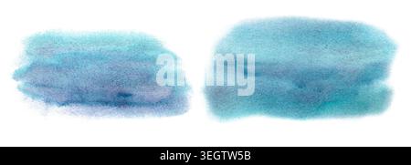 Le macchie acquerello sono in tonalità blu e turchese, con transizioni e texture cromatiche uniformi. Ideale per sfondi, composizioni astratte, nautiche Foto Stock
