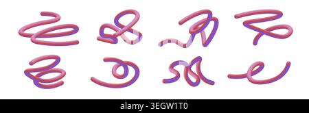 Forme di linea 3D astratte impostate isolate su sfondo bianco. Illustrazione vettoriale realistica di nastri a gradiente fluente, pattern geometrici dinamici con onde fluide colorate e curve a spirale iridescenti Illustrazione Vettoriale