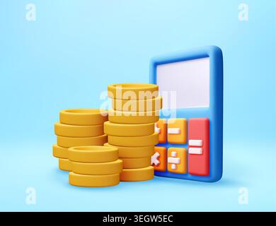 Calcolatrice 3D con pile di monete d'oro Illustrazione Vettoriale