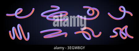 Linee ondulate astratte con colori sfumati al neon vivaci, forme fluide con effetto dinamico del movimento. Moderno design grafico vettoriale 3D con vortici organici e curve geometriche isolate su sfondo nero Illustrazione Vettoriale