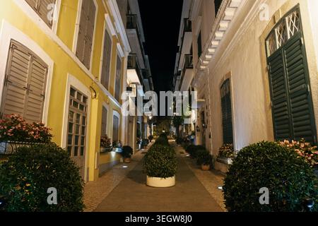 Strada stretta a Macao con piantatrici e luci di notte Foto Stock