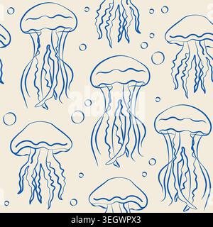 Disegno a mano senza cuciture di meduse e bolle con inchiostro in linea per l'arredamento di eventi, menu e progetti estivi per le vacanze al mare Illustrazione Vettoriale