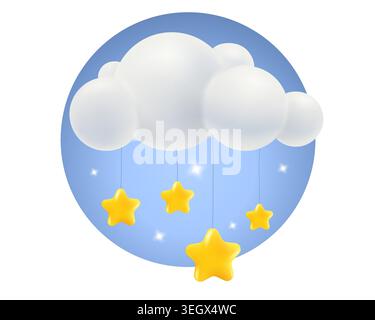 Illustrazione vettoriale di una nuvola con stelle in stile 3D. Icona meteorologica vettoriale con nuvola e stelle in stile realistico. Giocattolo per bambino. Illustrazione Vettoriale
