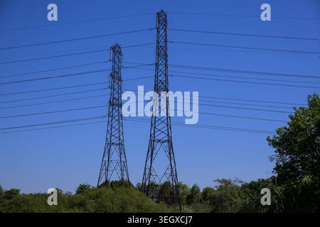 I piloni di trasmissione dell'energia elettrica si stagliano contro un cielo azzurro, evidenziando le infrastrutture di alimentazione, la distribuzione dell'energia e il panorama industriale. Foto Stock