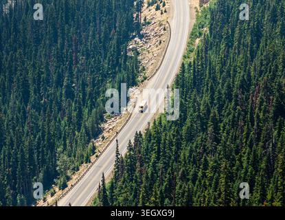Scuolabus giallo americano catturato dall'alto guidando lungo una tortuosa strada forestale circondata da fitti alberi sempreverdi Foto Stock