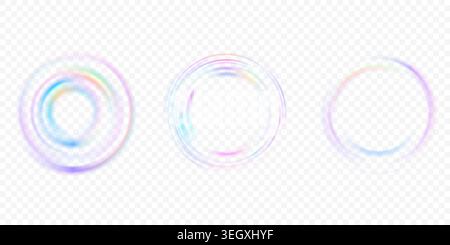 Effetto luce arcobaleno. Superficie circolare trasparente con trama di rifrazione. Elementi gradiente iridescenti con effetto fluido olografico. Sapone vettoriale Illustrazione Vettoriale