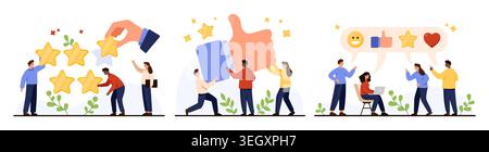 Team di persone diverse che forniscono feedback positivi, valutazioni a cinque stelle, pollice e reazioni sui social media per la revisione dei clienti, soddisfazione e supporto, con illustrazione vettoriale isolata su sfondo bianco Illustrazione Vettoriale