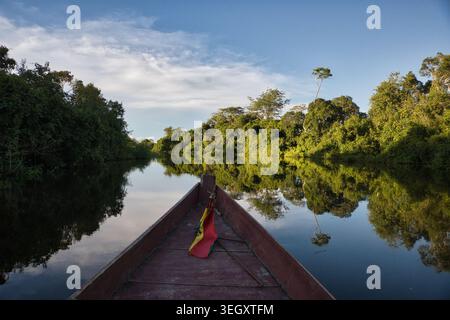 Barca in legno che naviga nelle calme acque del fiume Yacuma nel bacino amazzonico, Pampas del Yacuma, Bolivia Foto Stock