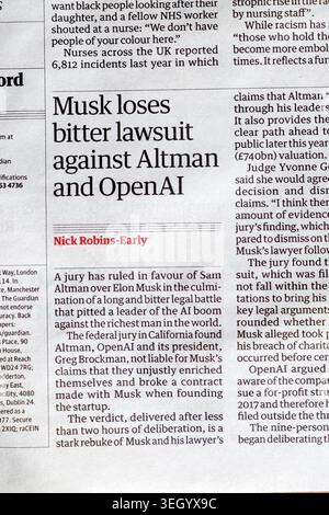 Elon "Musk (X) perde un'amara causa contro (CEO Sam) Altman e Open ai" Guardian, titolo del caso giudiziario del quotidiano The Guardian, articolo che ritaglia il 19 maggio 2026 Regno Unito Foto Stock