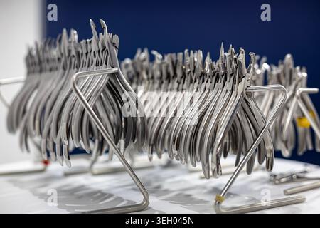 Pinze ortodontiche visualizzate su supporti in metallo. Primo piano di pinze ortodontiche in acciaio inox e strumenti odontoiatrici disposti su supporti espositivi in A. Foto Stock