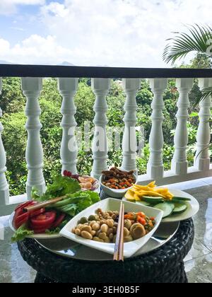 Pasto salutare e colorato servito su un piccolo tavolo da terrazza che si affaccia sulla lussureggiante vegetazione tropicale. Insalata fresca, pomodori, cetrioli, fagioli, mango, mandarino. Foto Stock