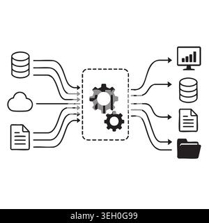 Diagramma del flusso di lavoro del processo di trasformazione dei dati con flussi di dati che si fondono in un'icona del meccanismo a ingranaggi Illustrazione Vettoriale