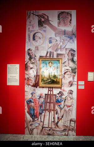 Una mostra museale sul pittore Jean-Baptiste Regnault con le sue opere d'arte è esposta contro un muro rosso della galleria del Musée Carnavalet. Foto Stock