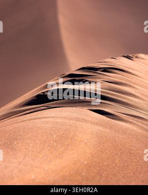 Vista delle creste scolpite dal vento e delle raffinate texture di una duna di sabbia nella Valle della Luna, San Pedro de Atacama, Antofagasta, Cile. Foto Stock