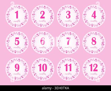 adesivi da 12 mesi per il primo anno di vita della bambina. Sfondo rosa con fiori in cerchio. Progettazione vettoriale. Illustrazione Vettoriale