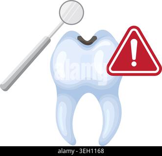 Grafica vettoriale di un dente molare danneggiato con una cavità, uno specchio dentale e un'icona rossa di avvertimento per i concetti di salute orale. Illustrazione stock. Illustrazione Vettoriale