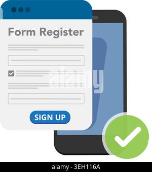 Immagine vettoriale piatta di un modulo di registrazione digitale con un segno di spunta su uno smartphone per la registrazione sicura dell'account. Illustrazione delle scorte. Illustrazione Vettoriale