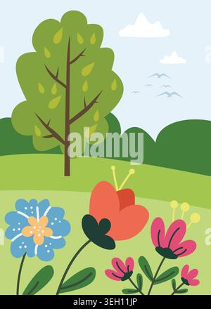 Illustrazione vettoriale piatta di un colorato giardino primaverile caratterizzato da fiori in fiore, alberi verdi, colline ondulate e paesaggi naturali tranquilli. Illustrazione Vettoriale